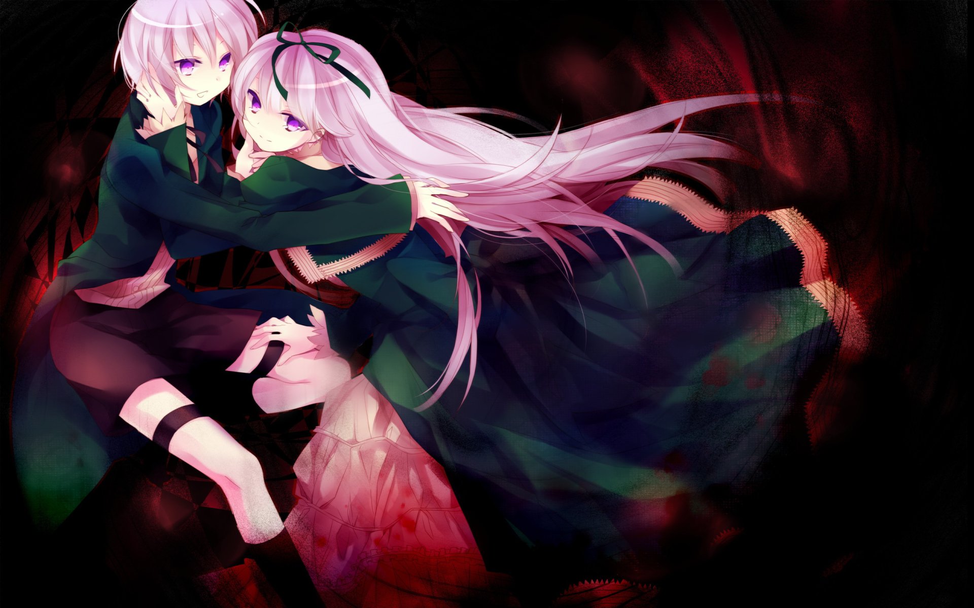 Anime Black Lagoon 2K Quad HD PC desktop wallpaper: two long pink‑haired girls in dark uniforms embrace above a pale dog, set against swirling red and black smoky shadows.