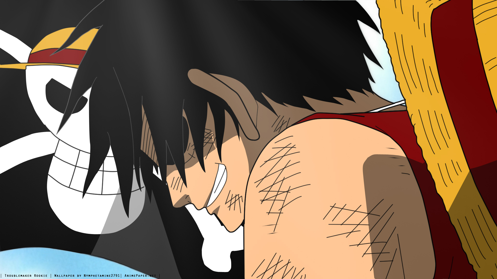 HD wallpaper featuring Monkey D. Luffy from the anime One Piece, showcasing his determined expression against a backdrop of the iconic Jolly Roger.