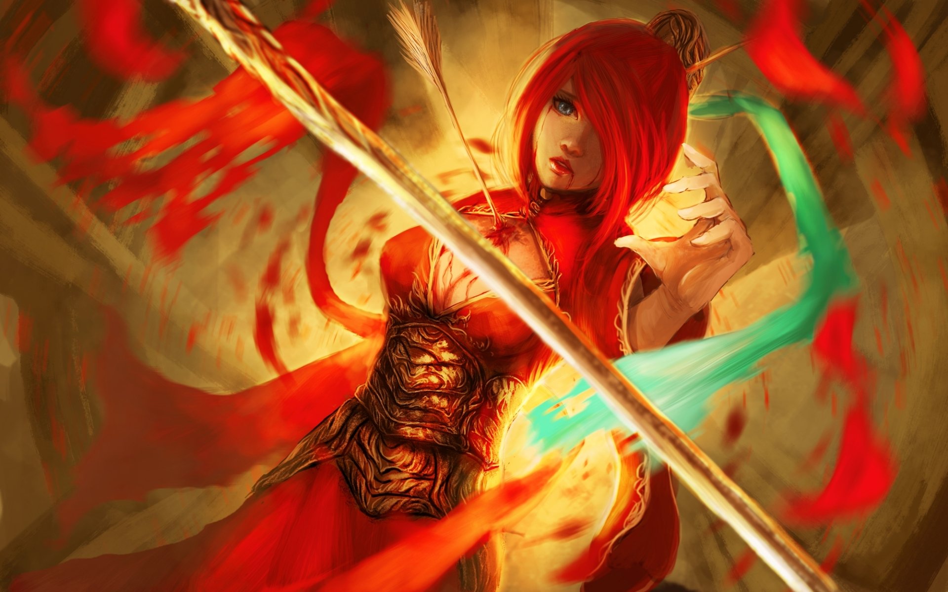 A fantasy-themed HD wallpaper featuring a woman with vibrant red hair, holding a striking arrow, surrounded by swirling colors and dynamic energy.