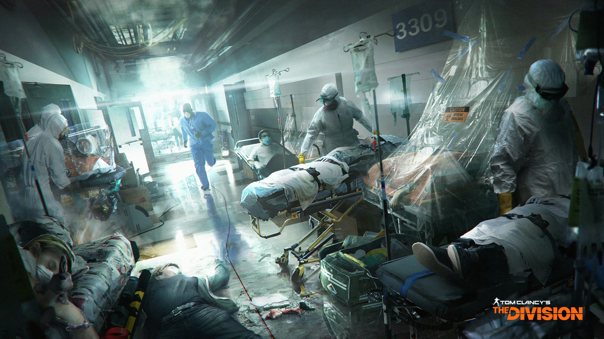 A dramatic scene from Tom Clancy's The Division, showcasing a chaotic hospital environment with medical personnel in protective gear amid patients and medical equipment. High-definition wallpaper.