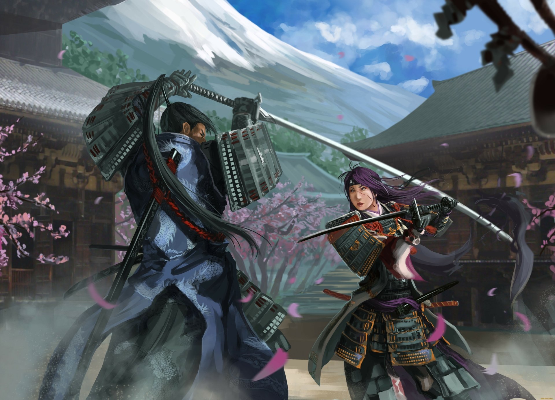 A dynamic scene featuring a woman warrior in armor wielding a katana, engaged in battle against a male opponent, set against a vibrant fantasy backdrop with cherry blossoms.