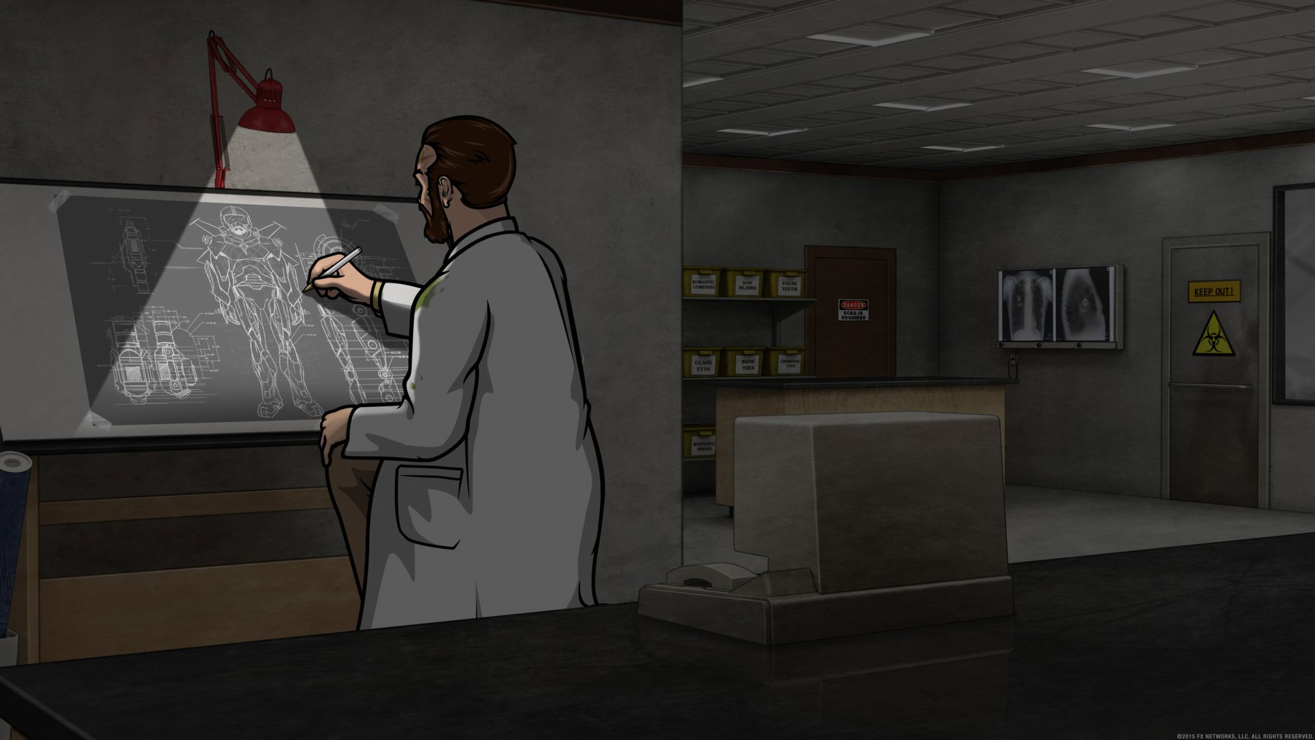 Dr. Algernop Krieger from Archer (TV Show) draws on an illuminated schematic in a dim laboratory — 5K Ultra HD PC desktop wallpaper/background.