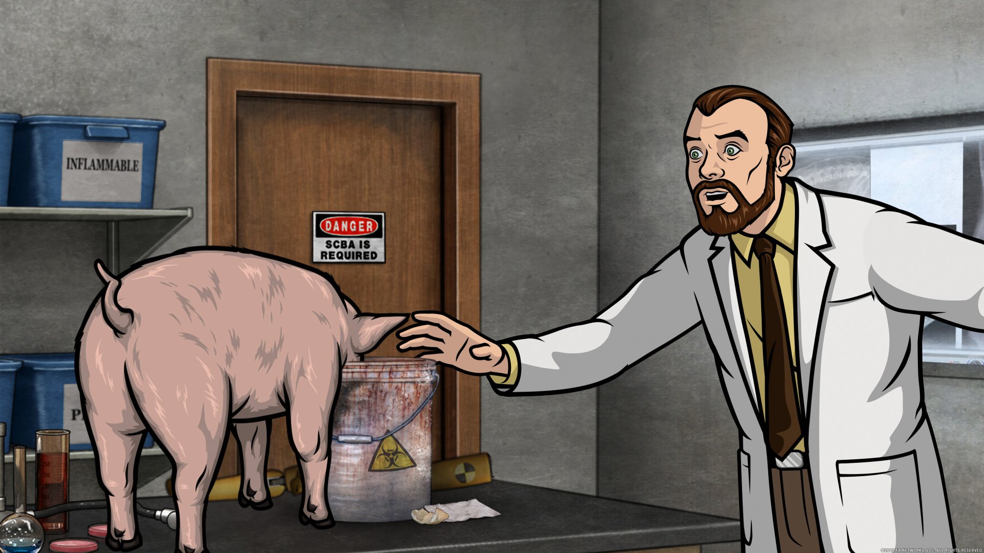 5K Ultra HD PC desktop wallpaper: Dr. Algernop Krieger (Archer) in a lab reaching toward a pig beside a toxic waste drum.
