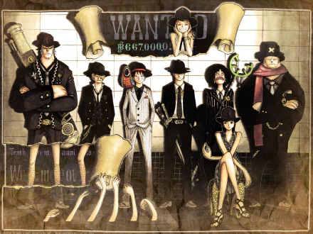 HD desktop wallpaper of One Piece featuring Tony Tony Chopper, Nico Robin, Usopp, Roronoa Zoro, Nami, Monkey D. Luffy, Sanji, and Franky in a stylized, monochrome wanted poster theme.