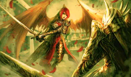 A fierce angel warrior woman in golden armor with large wings and a sword confronts a dragon in a vivid fantasy HD desktop wallpaper.