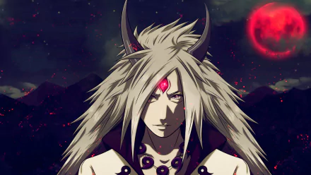 HD desktop wallpaper of Madara Uchiha from Naruto, depicted as the Sage of Six Paths under the red moon of the Infinite Tsukuyomi.
