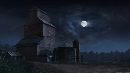 Dark, moody night scene from Archer (TV Show) featuring a rustic silo under a glowing full moon, designed as a 4K Ultra HD PC desktop wallpaper and background.