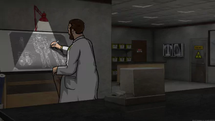 Dr. Algernop Krieger from Archer (TV Show) draws on an illuminated schematic in a dim laboratory — 5K Ultra HD PC desktop wallpaper/background.
