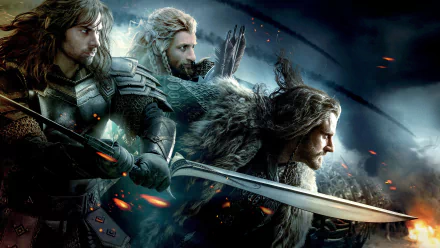 A dynamic 4K Ultra HD wallpaper from The Hobbit: The Battle of the Five Armies, featuring three key characters poised for action amidst a dramatic backdrop.