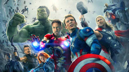 HD desktop wallpaper featuring the Avengers team from Avengers: Age of Ultron, with Black Widow, Hawkeye, Thor, Captain America, Iron Man, and Hulk in action.