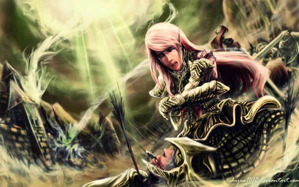 4K Ultra HD PC desktop wallpaper: armored pink‑haired warrior cradling a lover on a ruined fantasy battlefield, warm light breaking through smoke and ruins.