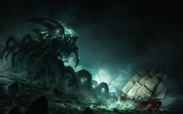 A colossal sea monster rises from the depths, looming over a ship amidst turbulent ocean waves, capturing the essence of fantasy and adventure in this stunning HD wallpaper.