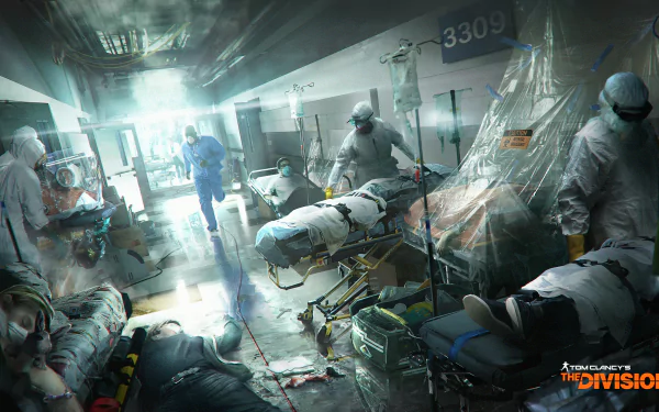 A dramatic scene from Tom Clancy's The Division, showcasing a chaotic hospital environment with medical personnel in protective gear amid patients and medical equipment. High-definition wallpaper.