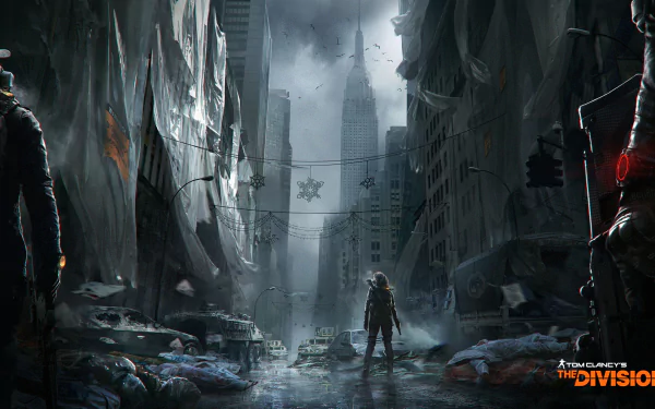 A captivating HD wallpaper from Tom Clancy's The Division, depicting a desolate street scene with a lone figure amidst debris and the Empire State Building looming in the background.