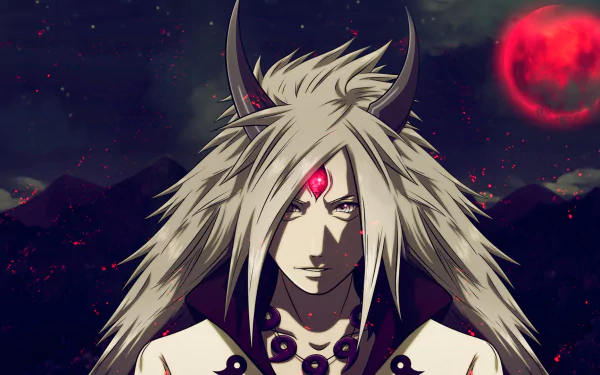 HD desktop wallpaper of Madara Uchiha from Naruto, depicted as the Sage of Six Paths under the red moon of the Infinite Tsukuyomi.