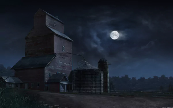 Dark, moody night scene from Archer (TV Show) featuring a rustic silo under a glowing full moon, designed as a 4K Ultra HD PC desktop wallpaper and background.