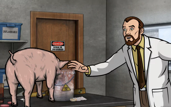 5K Ultra HD PC desktop wallpaper: Dr. Algernop Krieger (Archer) in a lab reaching toward a pig beside a toxic waste drum.