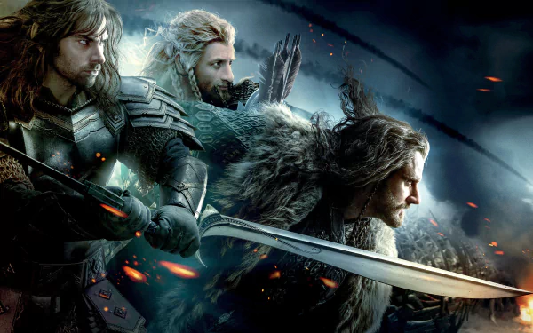 A dynamic 4K Ultra HD wallpaper from The Hobbit: The Battle of the Five Armies, featuring three key characters poised for action amidst a dramatic backdrop.