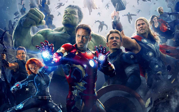 A dynamic HD wallpaper featuring Marvel's Avengers: Age of Ultron, showcasing Quicksilver, Scarlet Witch, Nick Fury, Captain America, Iron Man, Black Widow, Hawkeye, Thor, and Hulk in action.