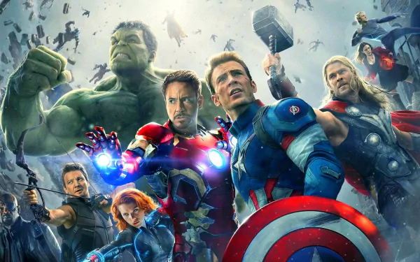HD desktop wallpaper featuring the Avengers team from Avengers: Age of Ultron, with Black Widow, Hawkeye, Thor, Captain America, Iron Man, and Hulk in action.