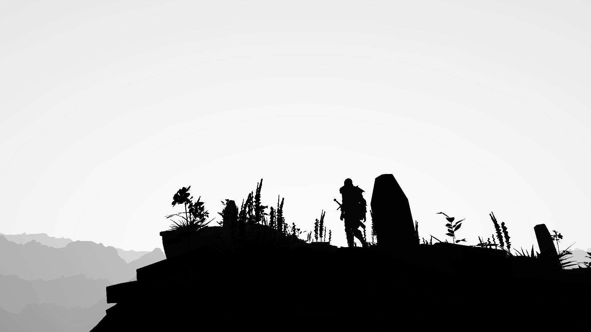 Silhouetted figure stands amid gravestones and plants against a pale sky, captured in an HD Dark Souls video game desktop wallpaper.