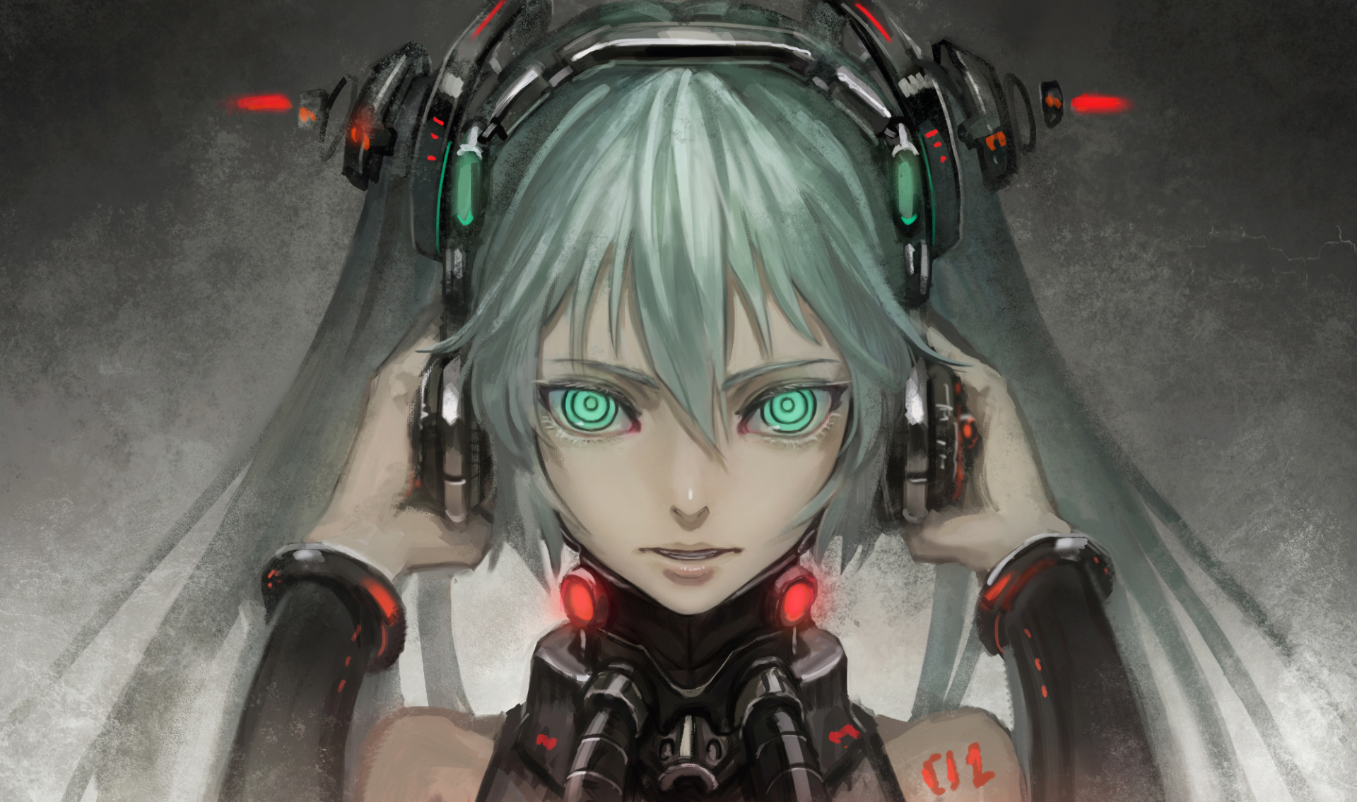 HD desktop wallpaper featuring Hatsune Miku from Vocaloid, depicted with green hair, green eyes, and wearing headphones, highlighting her twin tails and a futuristic design.