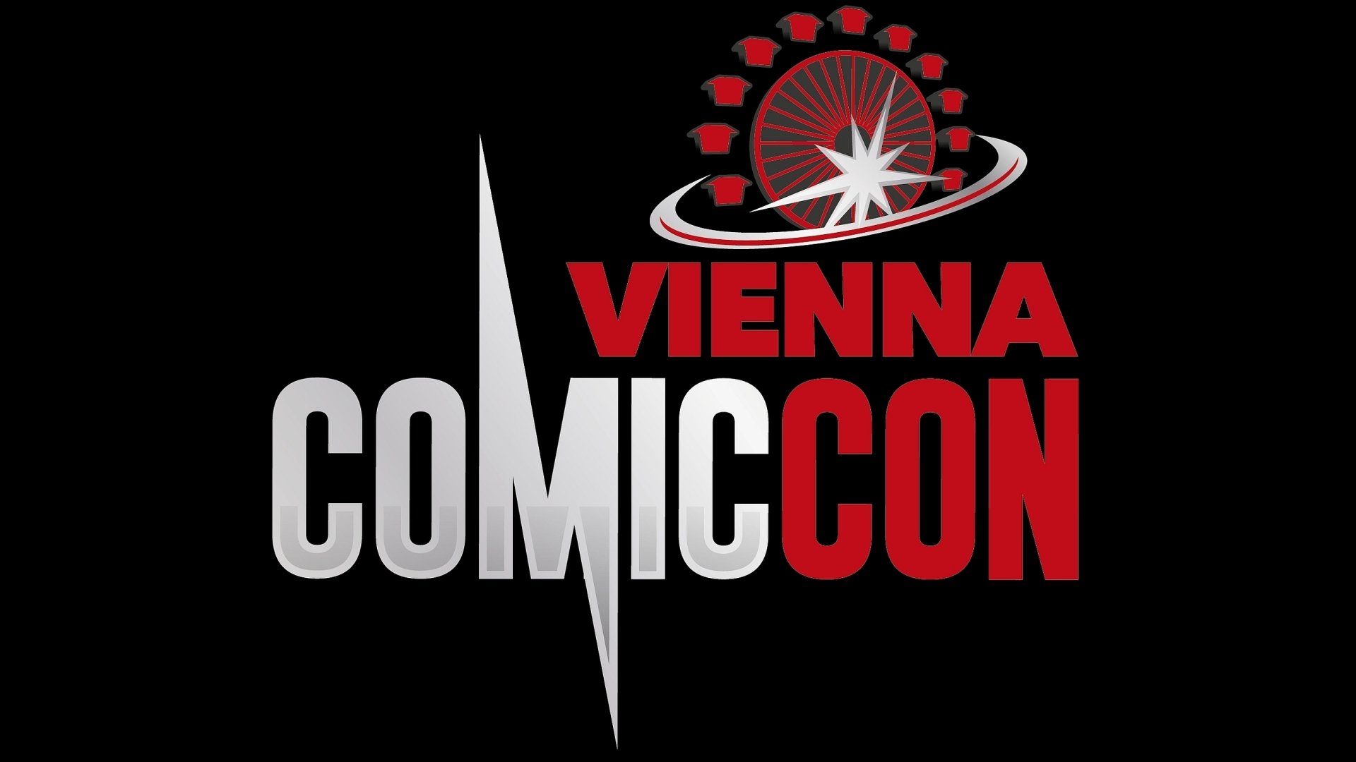 HD PC desktop wallpaper featuring the Vienna Comic Con logo with bold red and silver text and a stylized Ferris wheel on a black background.
