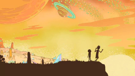 A vibrant HD wallpaper featuring Morty Smith and Rick Sanchez from the TV show Rick and Morty, set against a cosmic landscape with planets and colorful scenery.