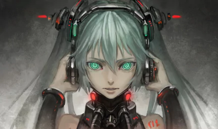 HD desktop wallpaper featuring Hatsune Miku from Vocaloid, depicted with green hair, green eyes, and wearing headphones, highlighting her twin tails and a futuristic design.
