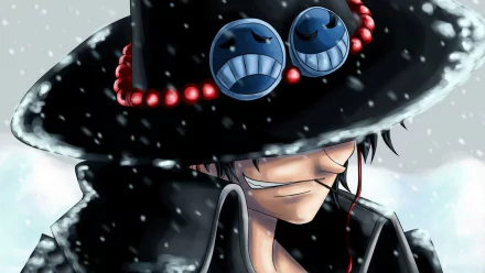 HD wallpaper of Portgas D. Ace from the anime One Piece, featuring him in a snowy scene with a black hat decorated with smiley-face goggles and red beads.