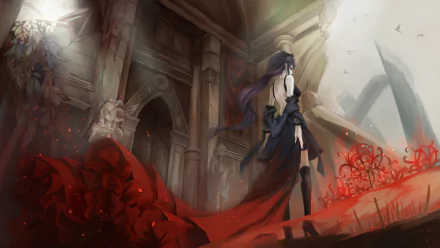 HD desktop wallpaper of Rize Kamishiro from Tokyo Ghoul, wearing a black dress with thigh highs and high heels, featuring red eyes, purple hair, amidst a floral and architectural backdrop.