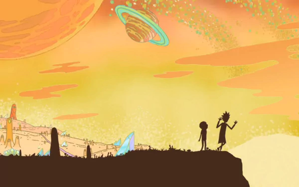 A vibrant HD wallpaper featuring Morty Smith and Rick Sanchez from the TV show Rick and Morty, set against a cosmic landscape with planets and colorful scenery.