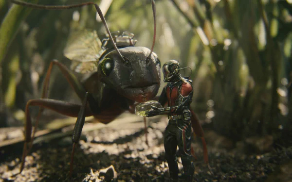 A dynamic HD wallpaper from the movie Ant-Man, showcasing the hero standing beside a giant ant in a lush, green environment.