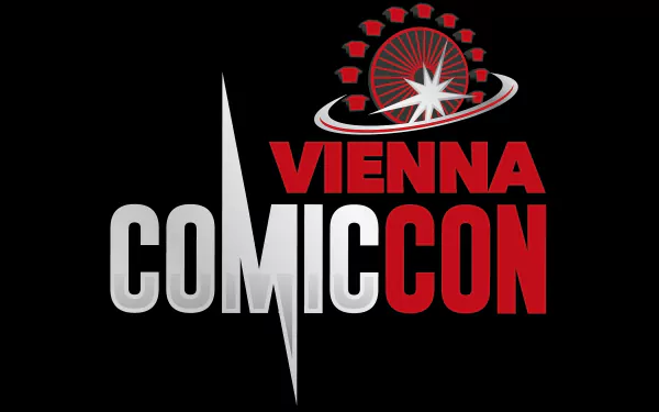 HD PC desktop wallpaper featuring the Vienna Comic Con logo with bold red and silver text and a stylized Ferris wheel on a black background.
