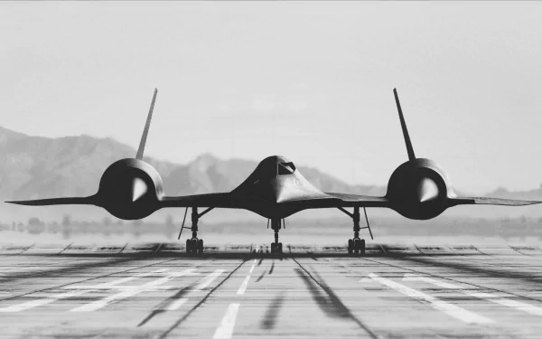 A striking HD wallpaper of a Lockheed SR-71 Blackbird on a runway, showcasing its sleek design against a mountainous backdrop, embodying military prowess and innovation.