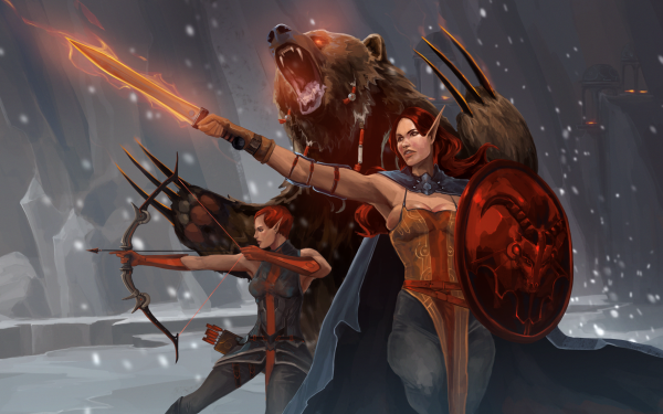 Fantasy Women Warrior Archer Elf Bear Shield Sword Snow Woman Warrior HD Wallpaper | Background Image