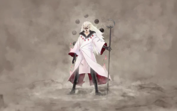 HD desktop wallpaper featuring Madara Uchiha from the anime Naruto, standing in a misty background with his iconic attire and accessories.