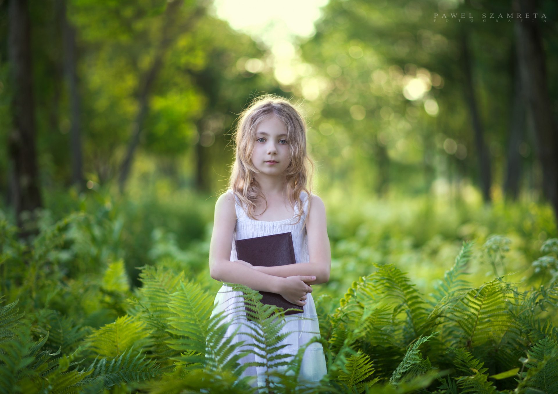 Blue-eyed blonde child in a white dress holding a book among lush ferns, soft bokeh forest photography — HD PC desktop wallpaper/background