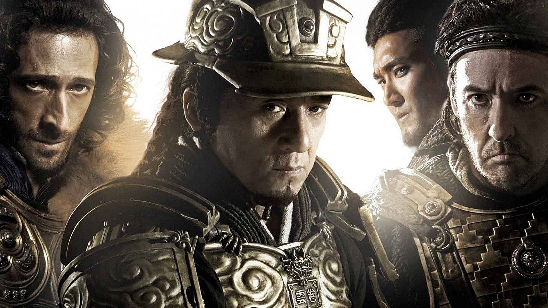 HD PC desktop wallpaper featuring intense close-ups of warriors from the movie Dragon Blade, showcasing detailed armor and dramatic lighting.