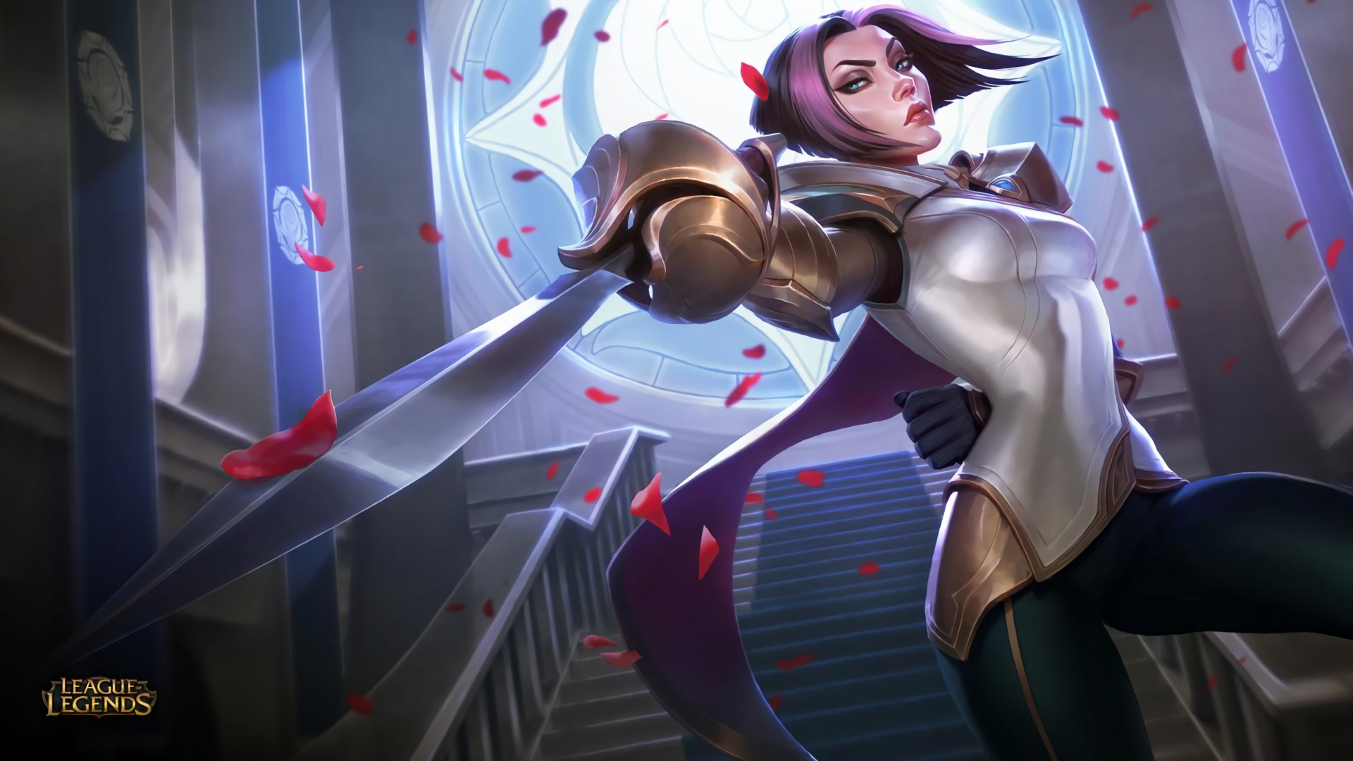 Fiora from League of Legends stands confidently in this HD desktop wallpaper, showcasing her elegance and strength against a backdrop of rose petals and a majestic staircase.