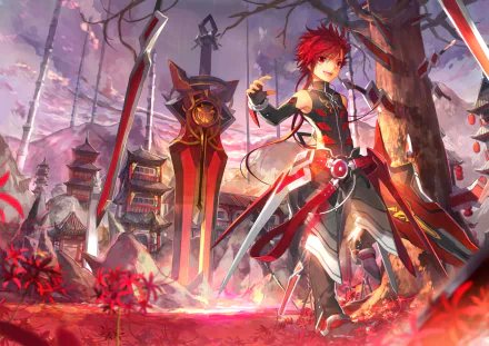 HD desktop wallpaper featuring a warrior with a large sword standing amidst trees in a vibrant video game environment from Elsword.