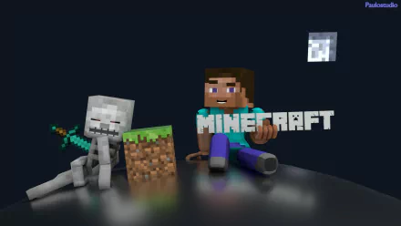 HD desktop wallpaper featuring Steve from Minecraft and a skeleton, created by Mojang. Steve holds a pickaxe while sitting next to the game's logo and a grass block on a reflective surface.