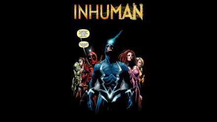 HD comic-style desktop wallpaper featuring the Inhuman superhero team posing boldly against a black background with the title INHUMAN above them.