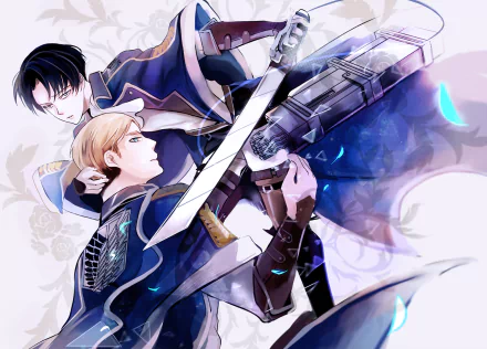 HD wallpaper featuring Levi Ackerman and Erwin Smith from Attack on Titan anime in dynamic battle poses.