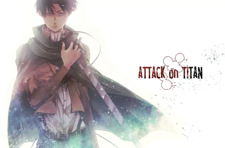 HD desktop wallpaper featuring Levi Ackerman from the anime Attack on Titan, with a stylish and dreamy background and the series title on the right side.