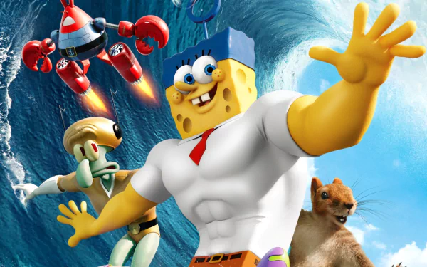 HD PC desktop wallpaper featuring characters from the movie The SpongeBob Movie: Sponge Out of Water, including SpongeBob in superhero form, Squidward, a crab robot, and a squirrel.