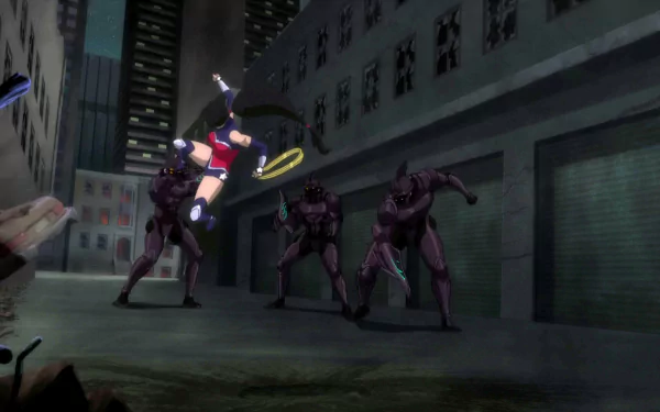 Wonder Woman leaps into action with her glowing Lasso of Truth against armored foes in a dark city alley — HD PC desktop wallpaper from the movie Justice League: Throne of Atlantis.