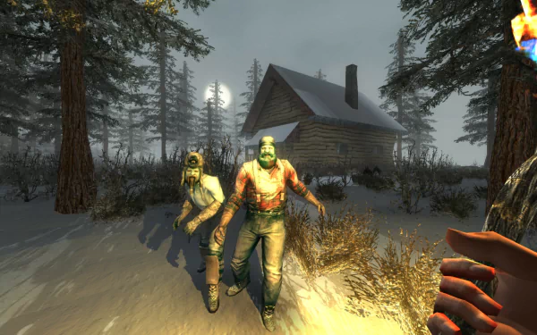 HD PC desktop wallpaper/background from the video game 7 Days To Die: two zombies stagger toward a snowy log cabin at night, player’s hand and knife visible, moonlit pine forest and fog.