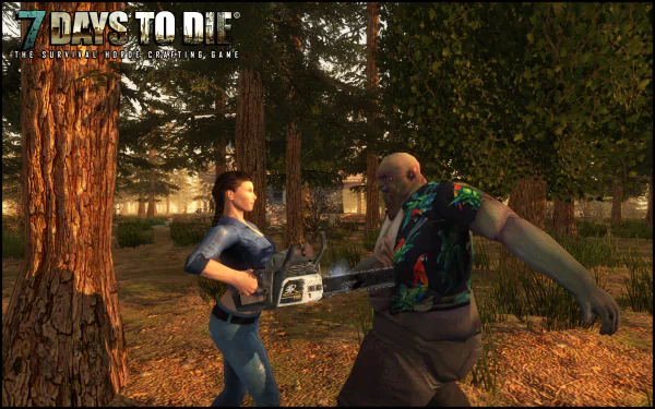 HD PC desktop wallpaper/background for the video game 7 Days To Die: a female survivor attacks a zombie with a chainsaw in a sunlit pine forest, game logo at top-left.