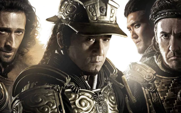 HD PC desktop wallpaper featuring intense close-ups of warriors from the movie Dragon Blade, showcasing detailed armor and dramatic lighting.